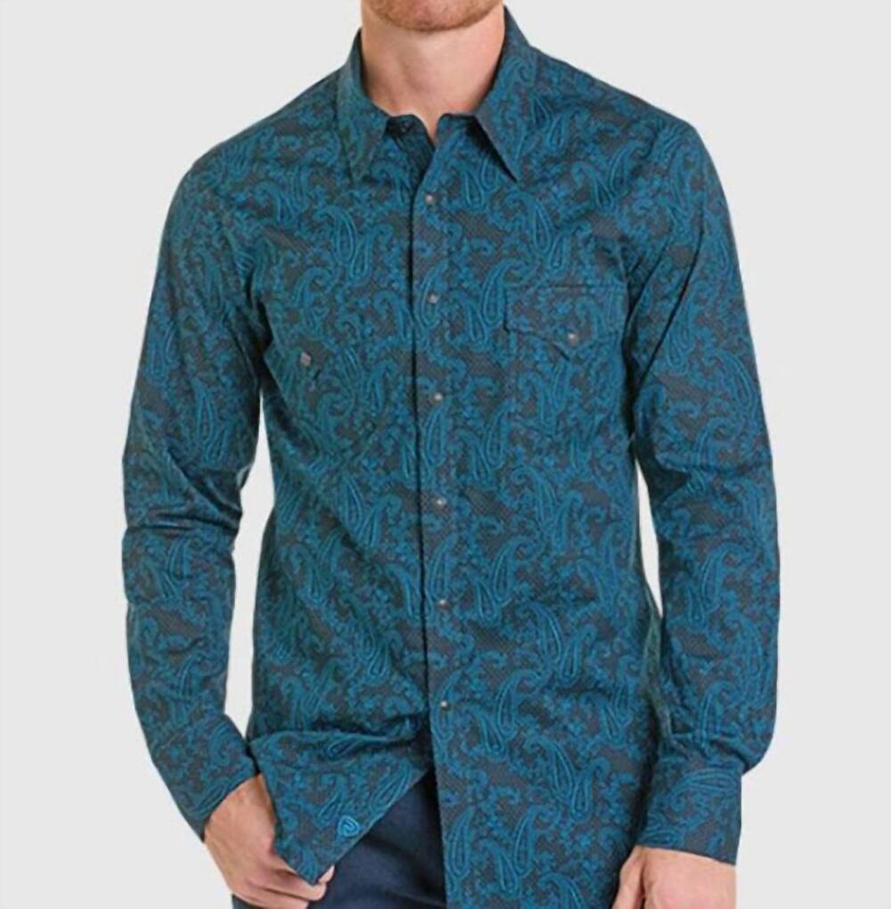 NEW ROCK & ROLL DENIM modern fit paisley snap shirt in caribbean